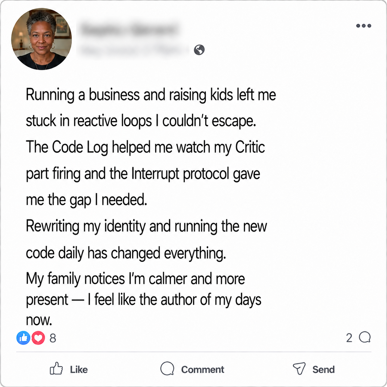 Facebook testimonial from Sophia about The Override Code