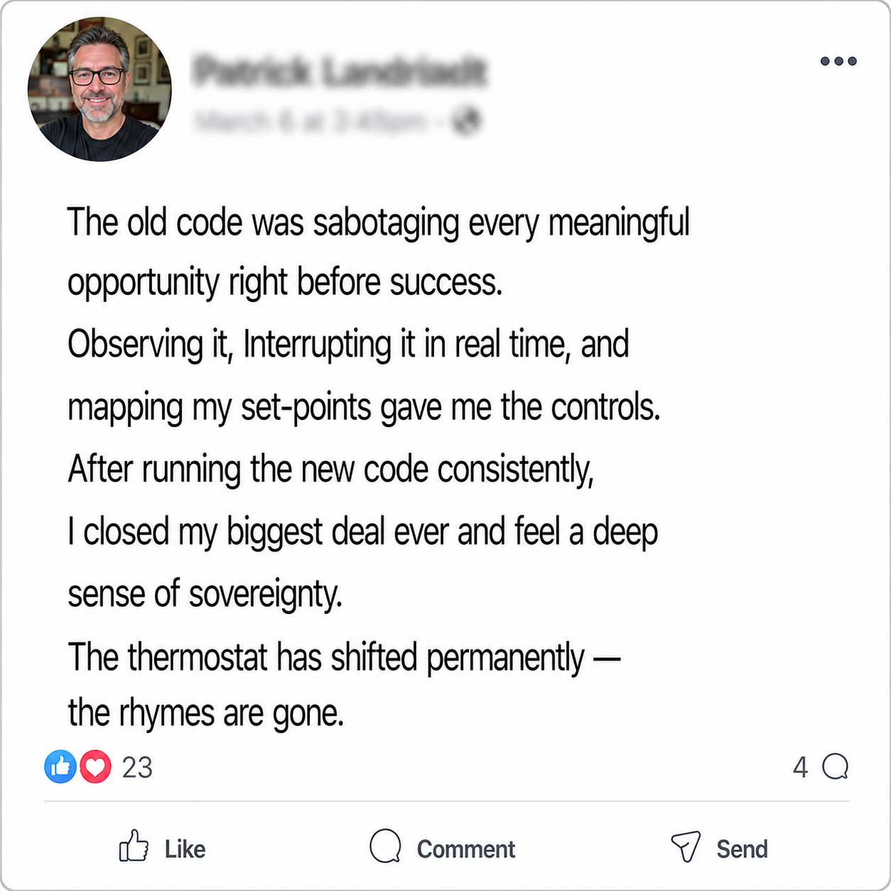 Facebook testimonial from Patrick Landriault about The Override Code