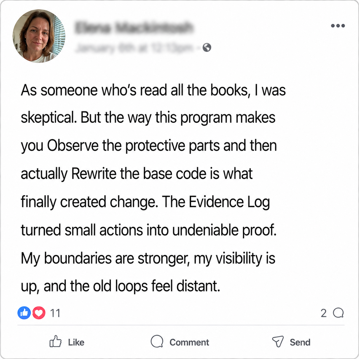 Facebook testimonial from Elena Mackintosh about The Override Code