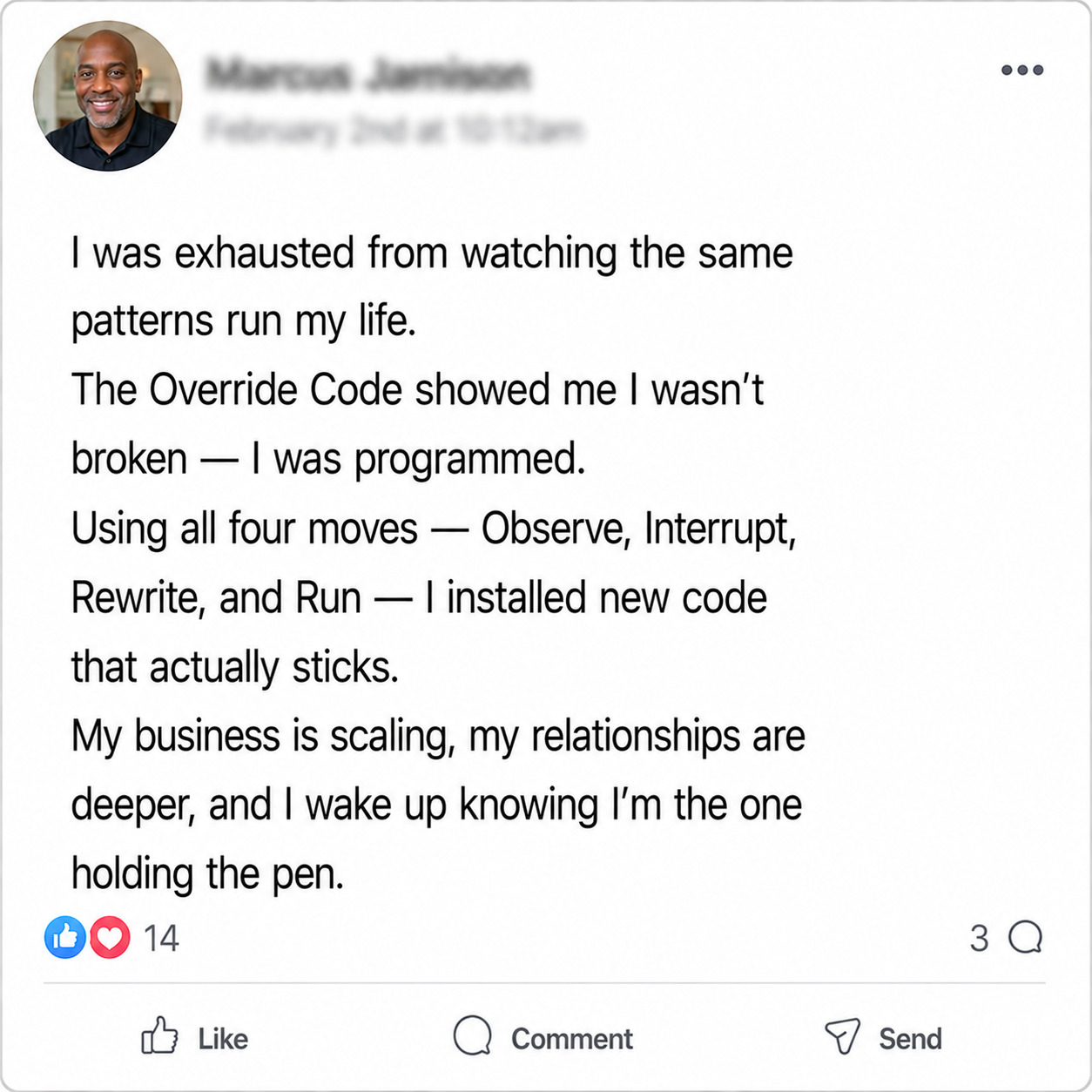 Facebook testimonial from Marcus Jamison about The Override Code