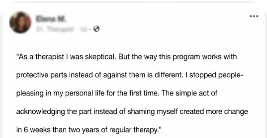 Facebook testimonial from Elena M., therapist